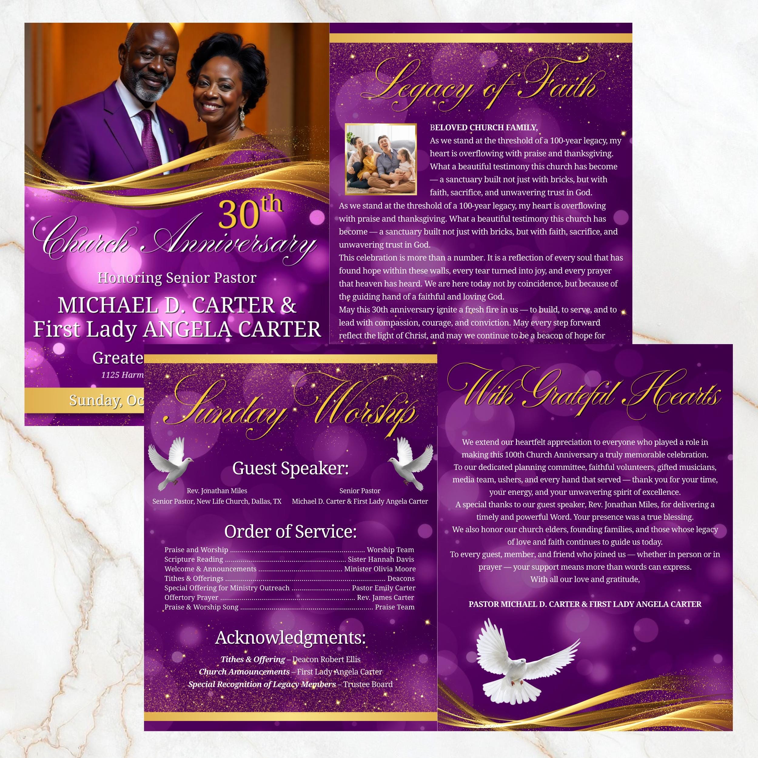 Purple Church Anniversary Program Template, Editable Bifold 8.5x11” Design, Church Appreciation Program, Anniversary & Faith Celebration - Editable Memorial Canva Template