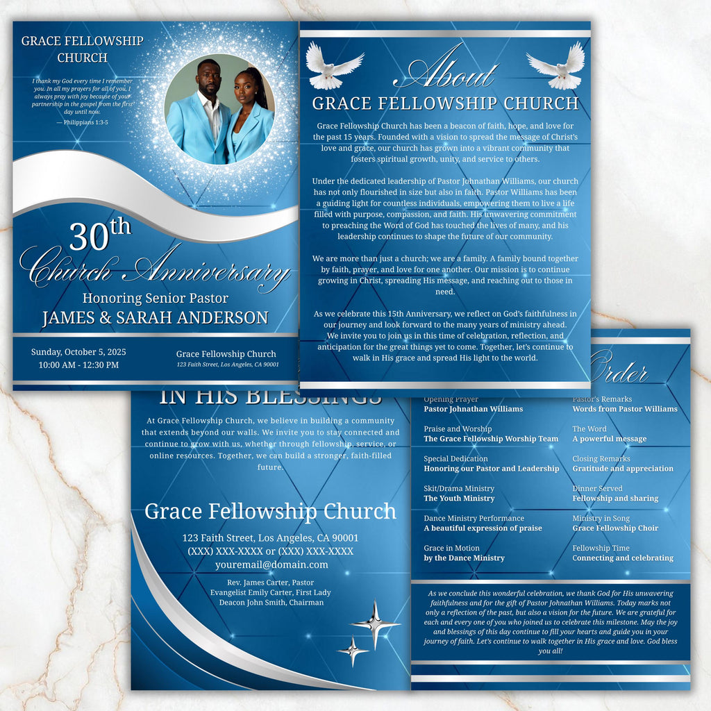 4 Pages Church Anniversary Program Template, Editable Bifold 8.5x11” Design, Church Appreciation Program, Anniversary & Faith Celebration - Editable Memorial Canva Template