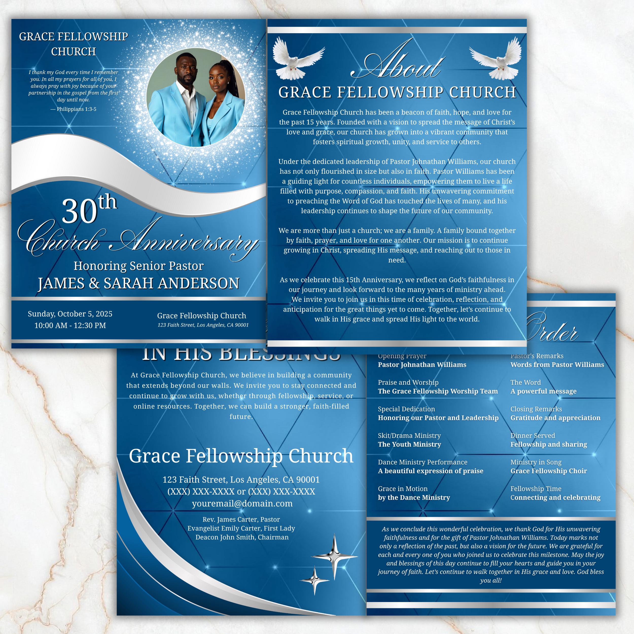 4 Pages Church Anniversary Program Template, Editable Bifold 8.5x11” Design, Church Appreciation Program, Anniversary & Faith Celebration - Editable Memorial Canva Template