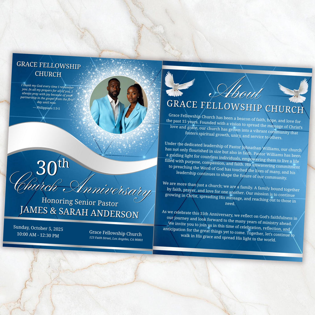 4 Pages Church Anniversary Program Template, Editable Bifold 8.5x11” Design, Church Appreciation Program, Anniversary & Faith Celebration - Editable Memorial Canva Template