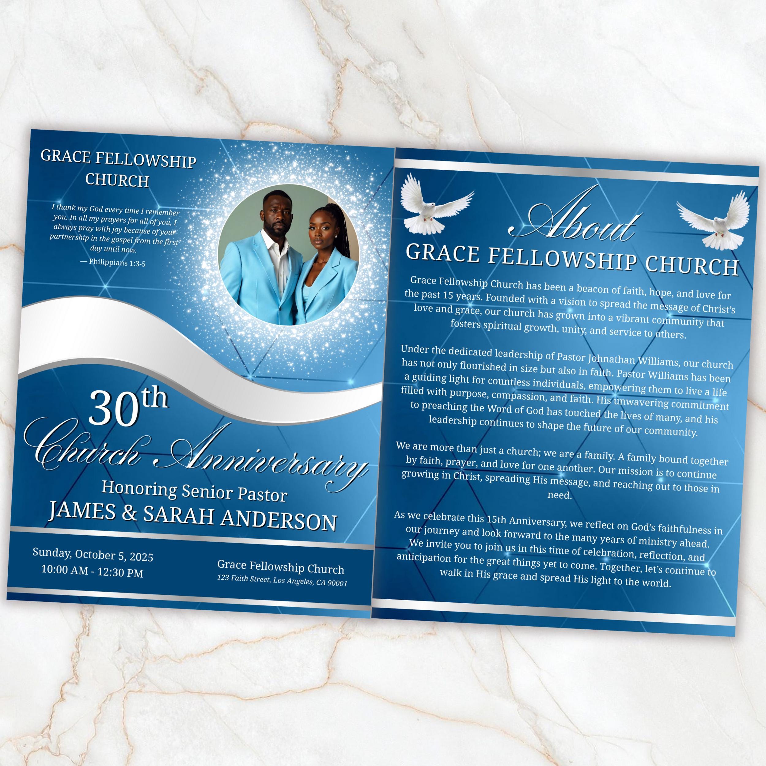 4 Pages Church Anniversary Program Template, Editable Bifold 8.5x11” Design, Church Appreciation Program, Anniversary & Faith Celebration - Editable Memorial Canva Template