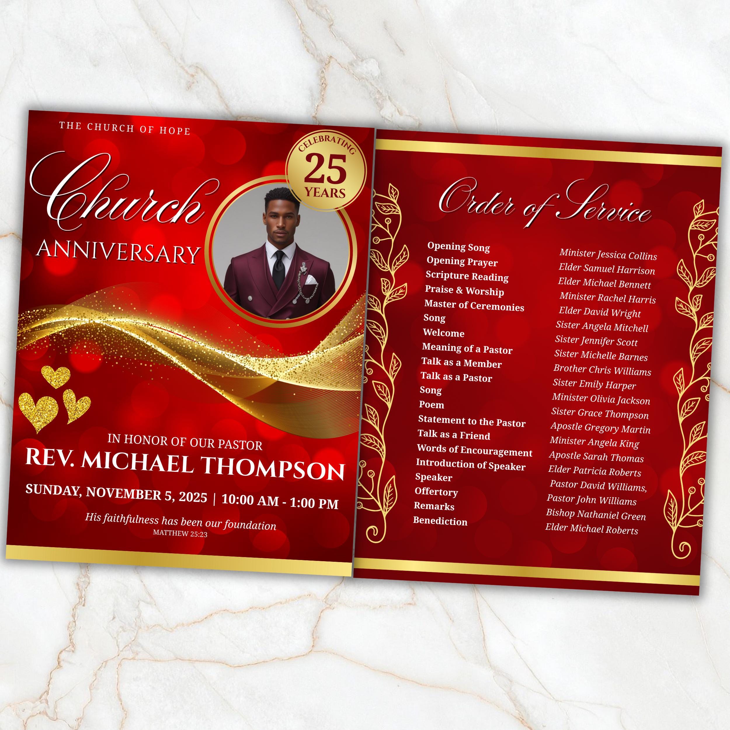 Church Anniversary Program Template, Editable Bifold 8.5x11” Design, Church Appreciation Program, Anniversary & Faith Celebration - Editable Memorial Canva Template