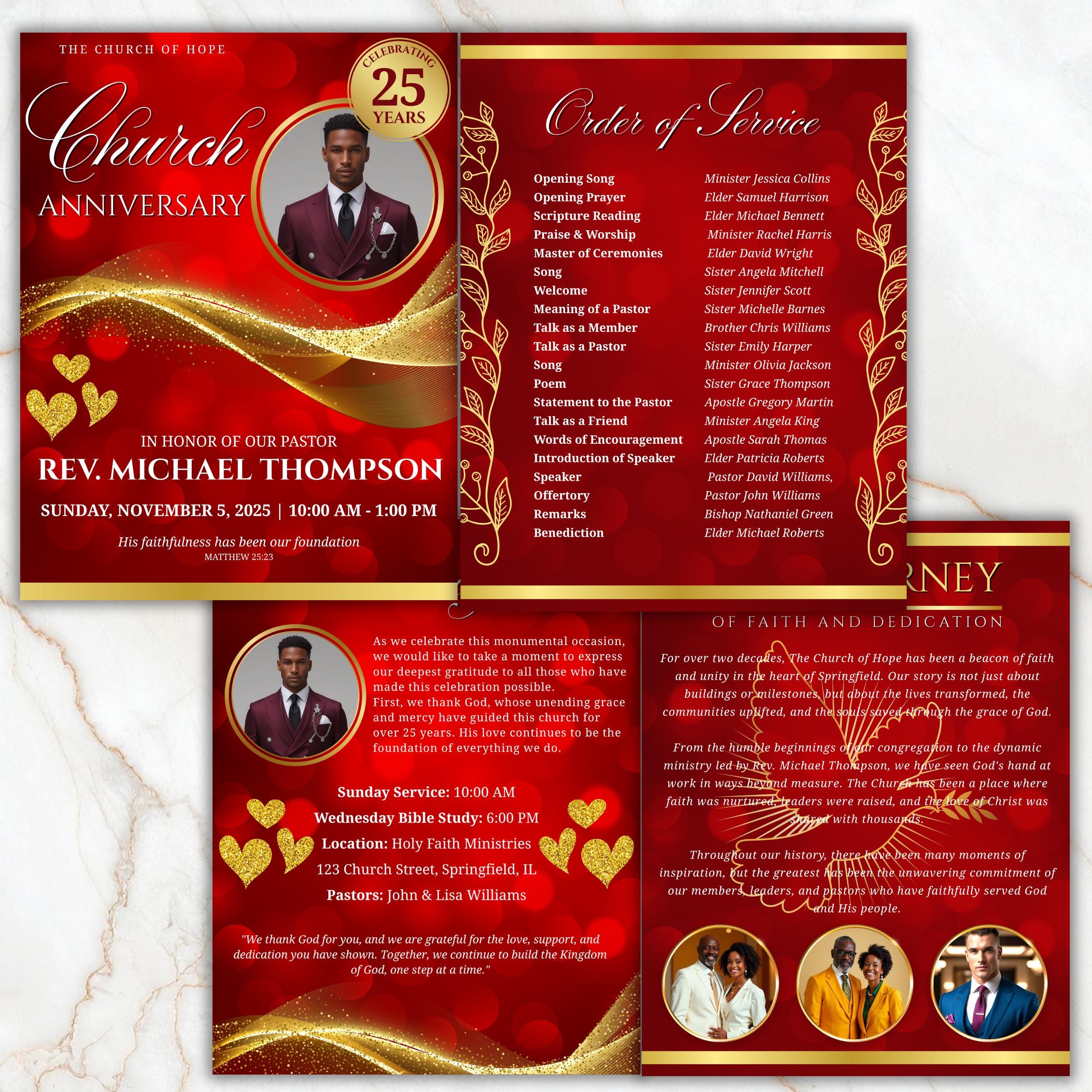 Church Anniversary Program Template, Editable Bifold 8.5x11” Design, Church Appreciation Program, Anniversary & Faith Celebration - Editable Memorial Canva Template