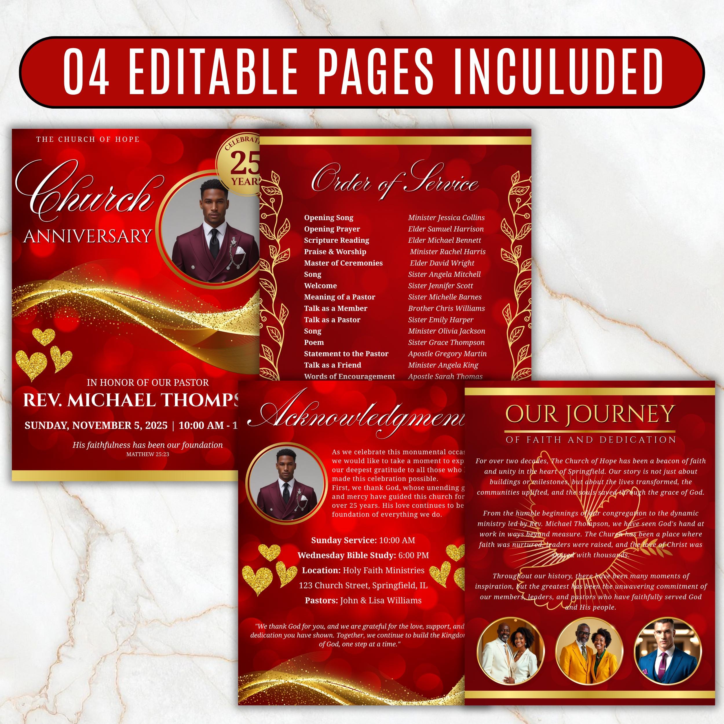 Church Anniversary Program Template, Editable Bifold 8.5x11” Design, Church Appreciation Program, Anniversary & Faith Celebration - Editable Memorial Canva Template