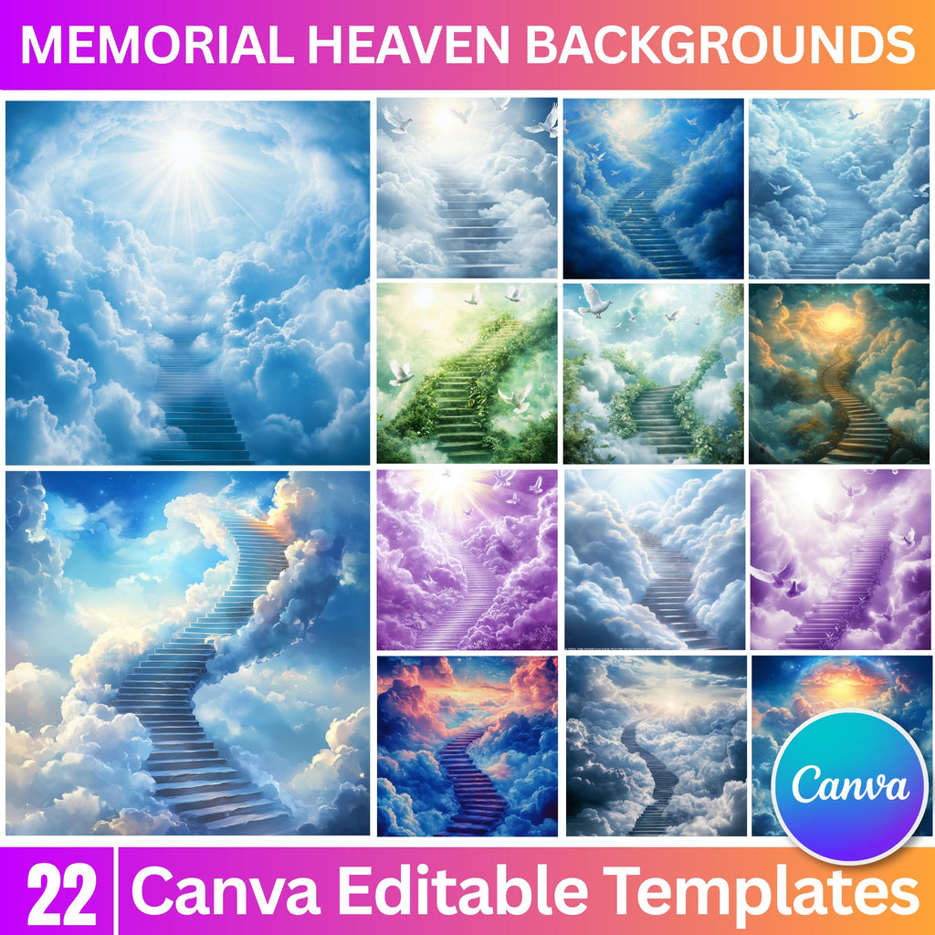 22 Memorial Heaven Backgrounds Png Bundle, Memorial Backgrounds, In Loving Memory Backgrounds, Heaven Stair Steps & Gate, Rest In Peace - Editable Memorial Canva Template