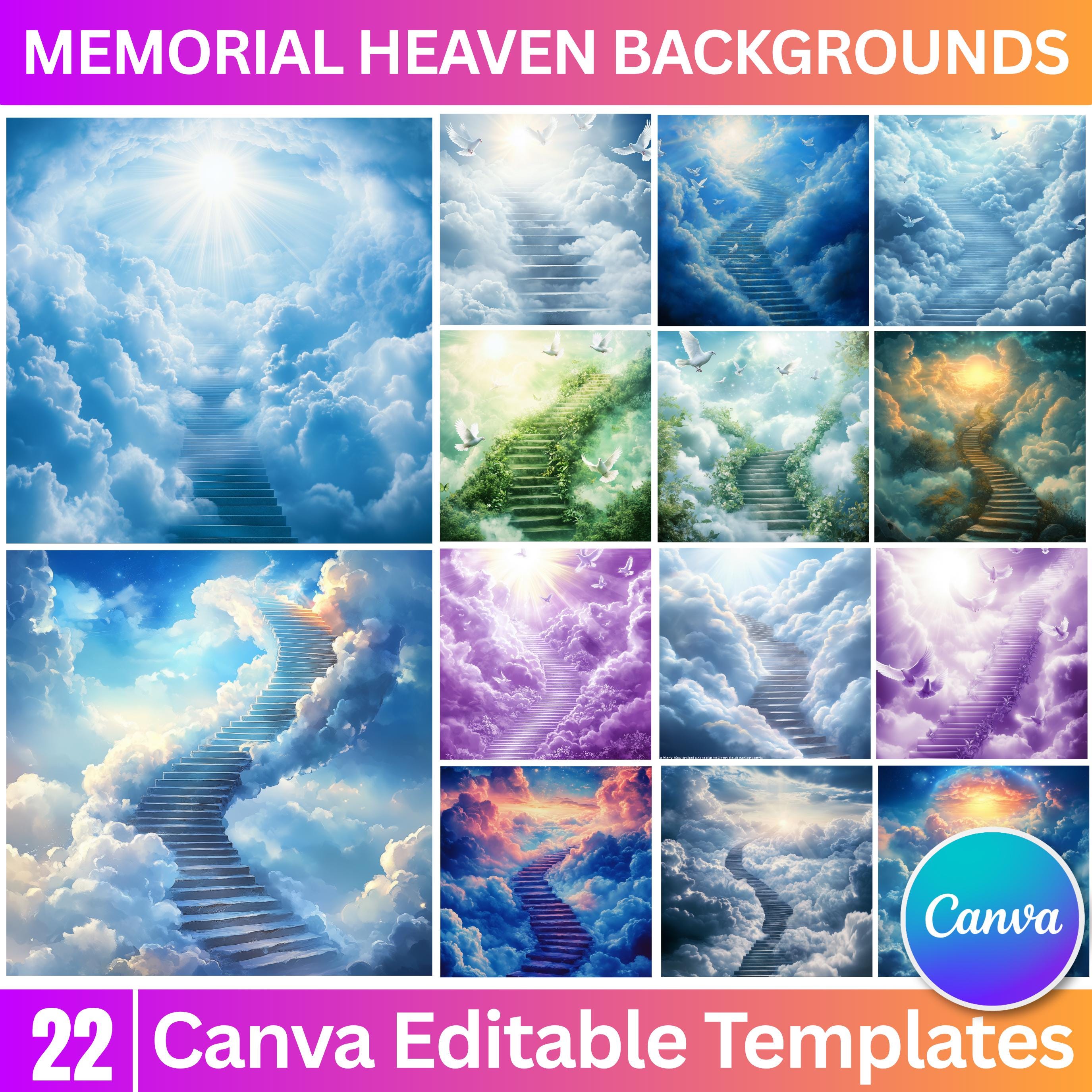 22 Memorial Heaven Backgrounds Png Bundle, Memorial Backgrounds, In Loving Memory Backgrounds, Heaven Stair Steps & Gate, Rest In Peace - Editable Memorial Canva Template