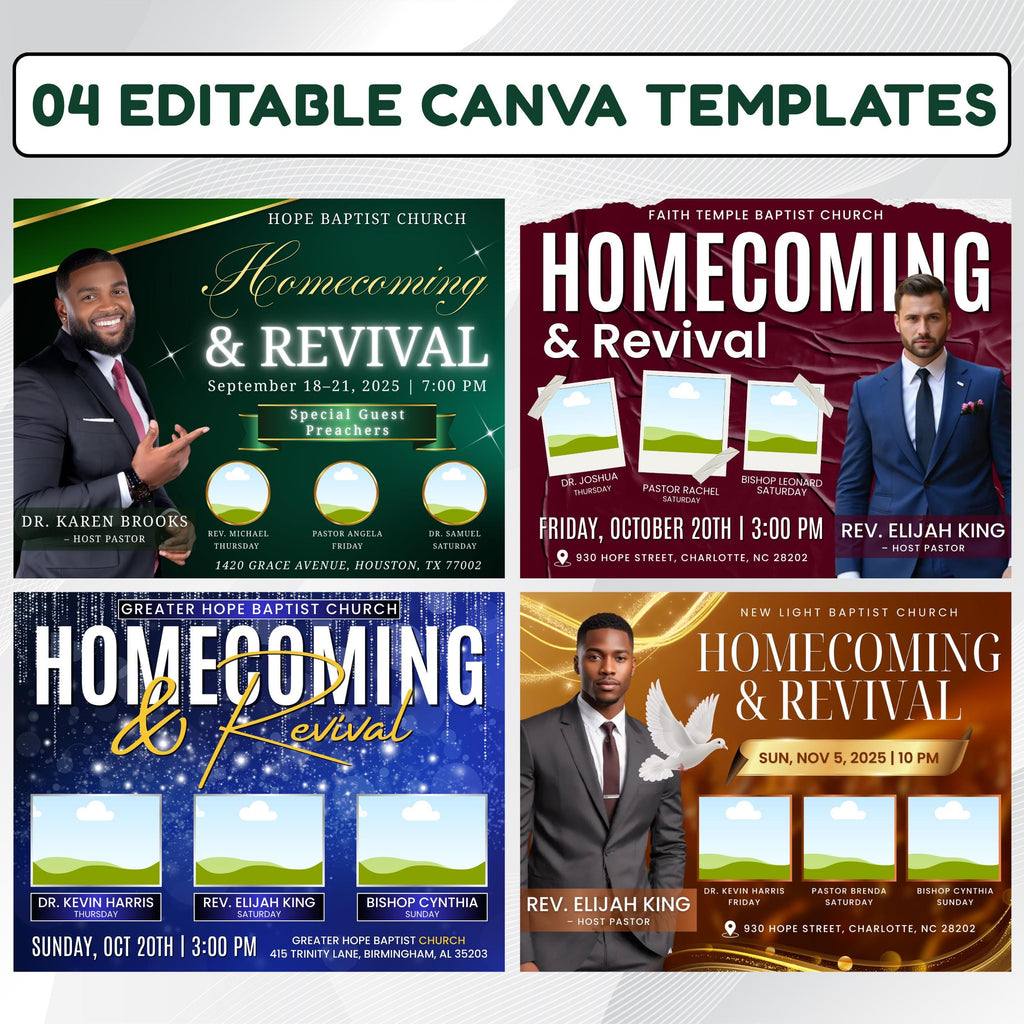 04 Homecoming and Revival Flyer Editable Template, Homecoming Campaign Template, Canva Frame Template, Digital Template, Instant Download - Editable Memorial Canva Template