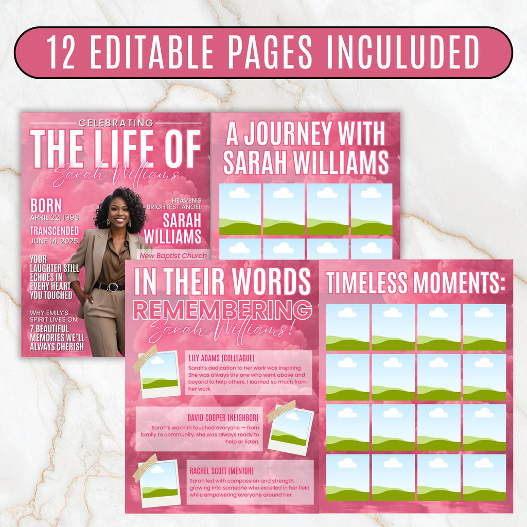 12 Page Memorial Essence Magazine Template, Celebration of Life Program & Keepsake, Obituary Celebration Of Life Program, Digital Download - Editable Memorial Canva Template