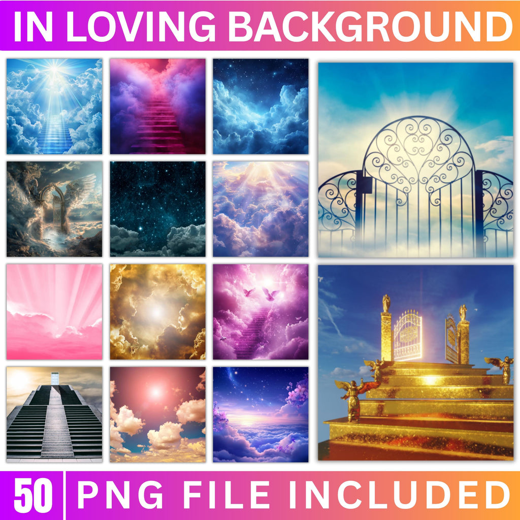 50 Memorial Heaven Backgrounds Png Bundle, Memorial Backgrounds, In Loving Memory Backgrounds, Heaven Stair Steps & Gate, Rest In Peace - Editable Memorial Canva Template