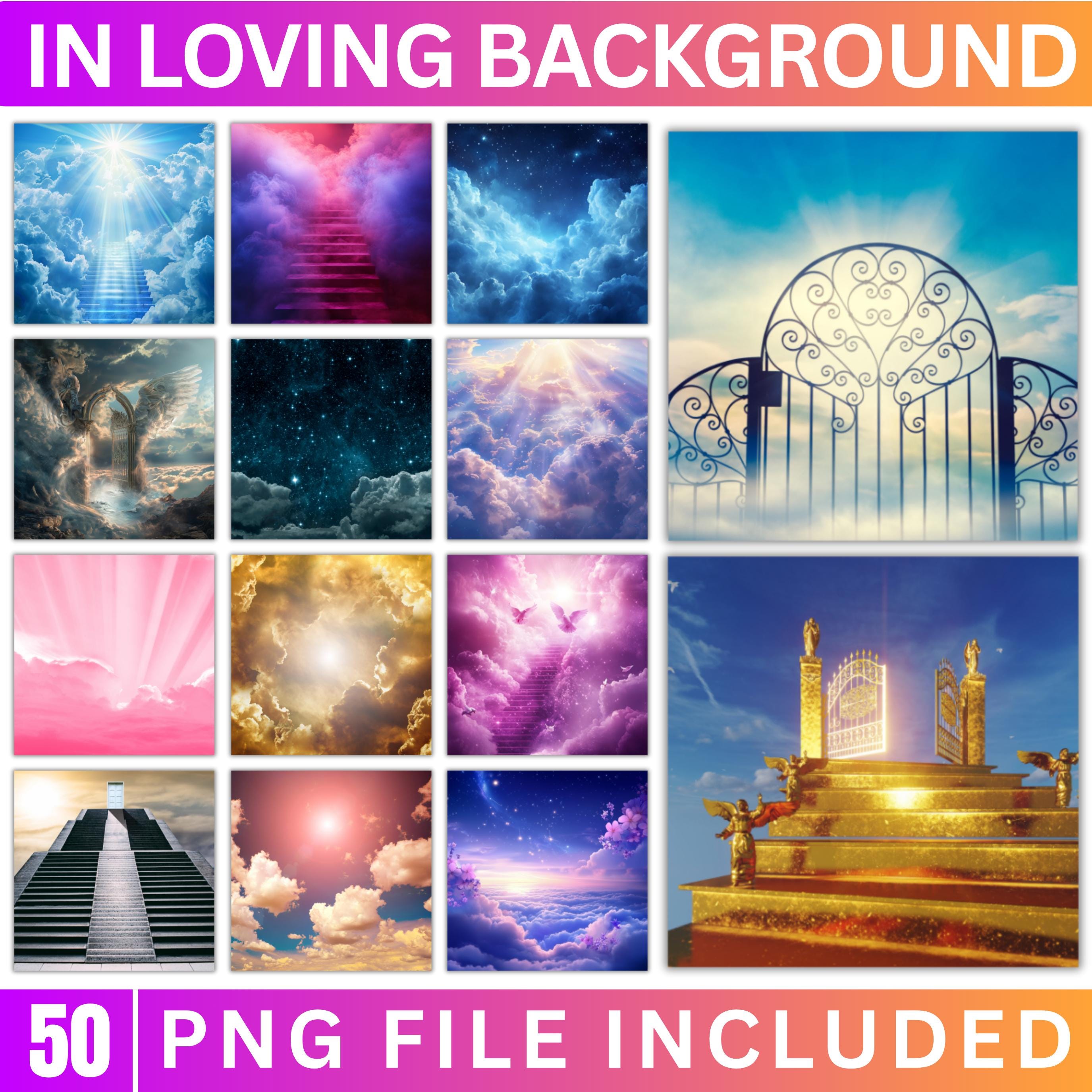 50 Memorial Heaven Backgrounds Png Bundle, Memorial Backgrounds, In Loving Memory Backgrounds, Heaven Stair Steps & Gate, Rest In Peace - Editable Memorial Canva Template