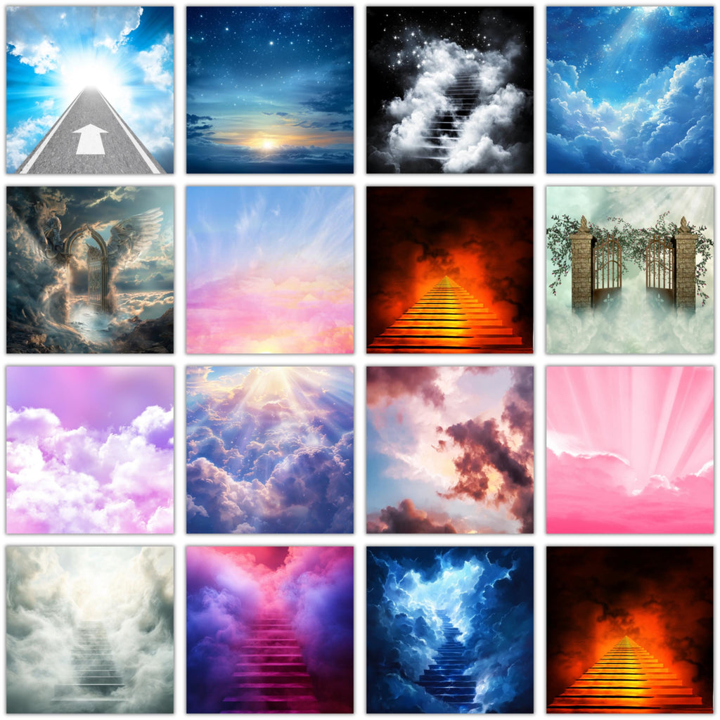 50 Memorial Heaven Backgrounds Png Bundle, Memorial Backgrounds, In Loving Memory Backgrounds, Heaven Stair Steps & Gate, Rest In Peace - Editable Memorial Canva Template