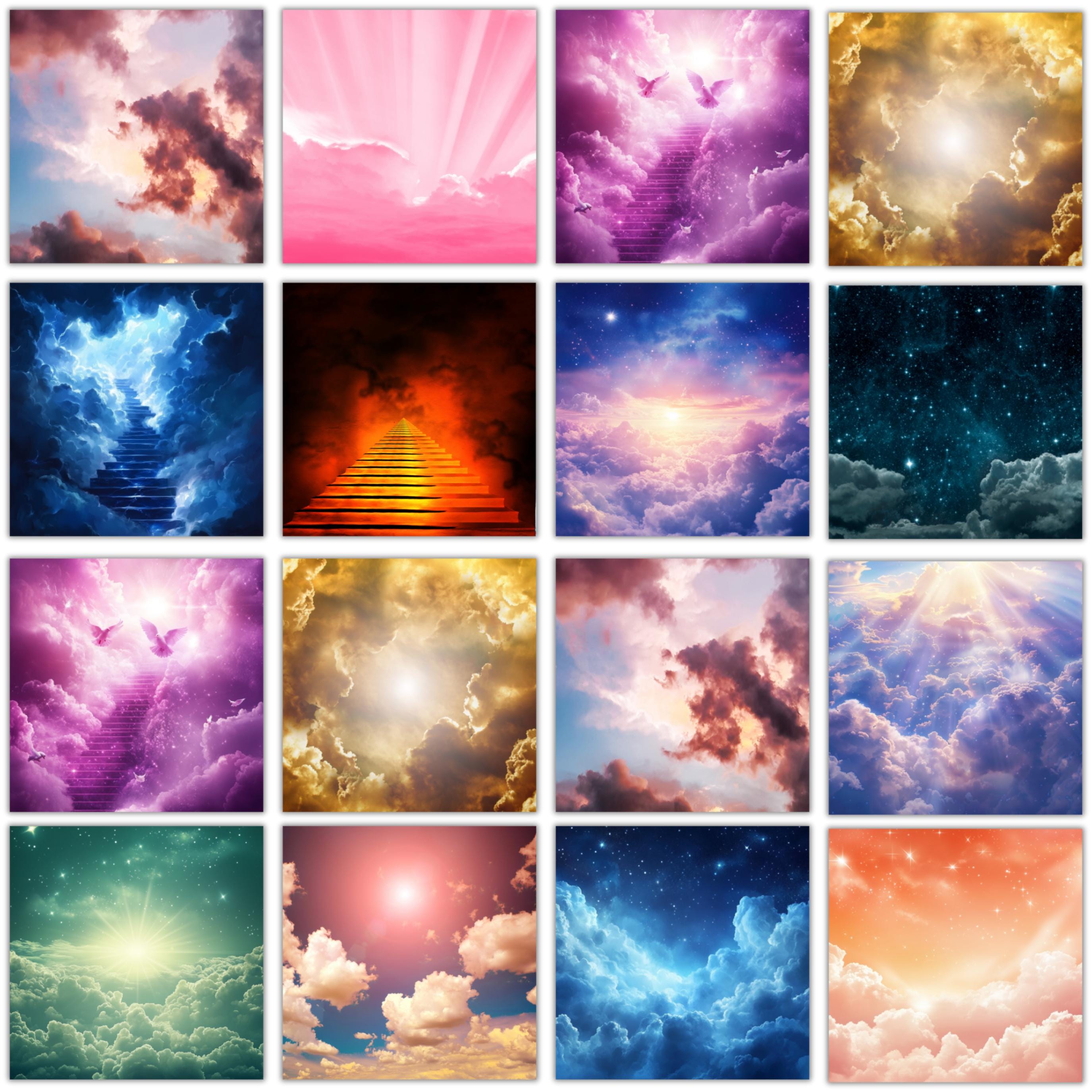 50 Memorial Heaven Backgrounds Png Bundle, Memorial Backgrounds, In Loving Memory Backgrounds, Heaven Stair Steps & Gate, Rest In Peace - Editable Memorial Canva Template