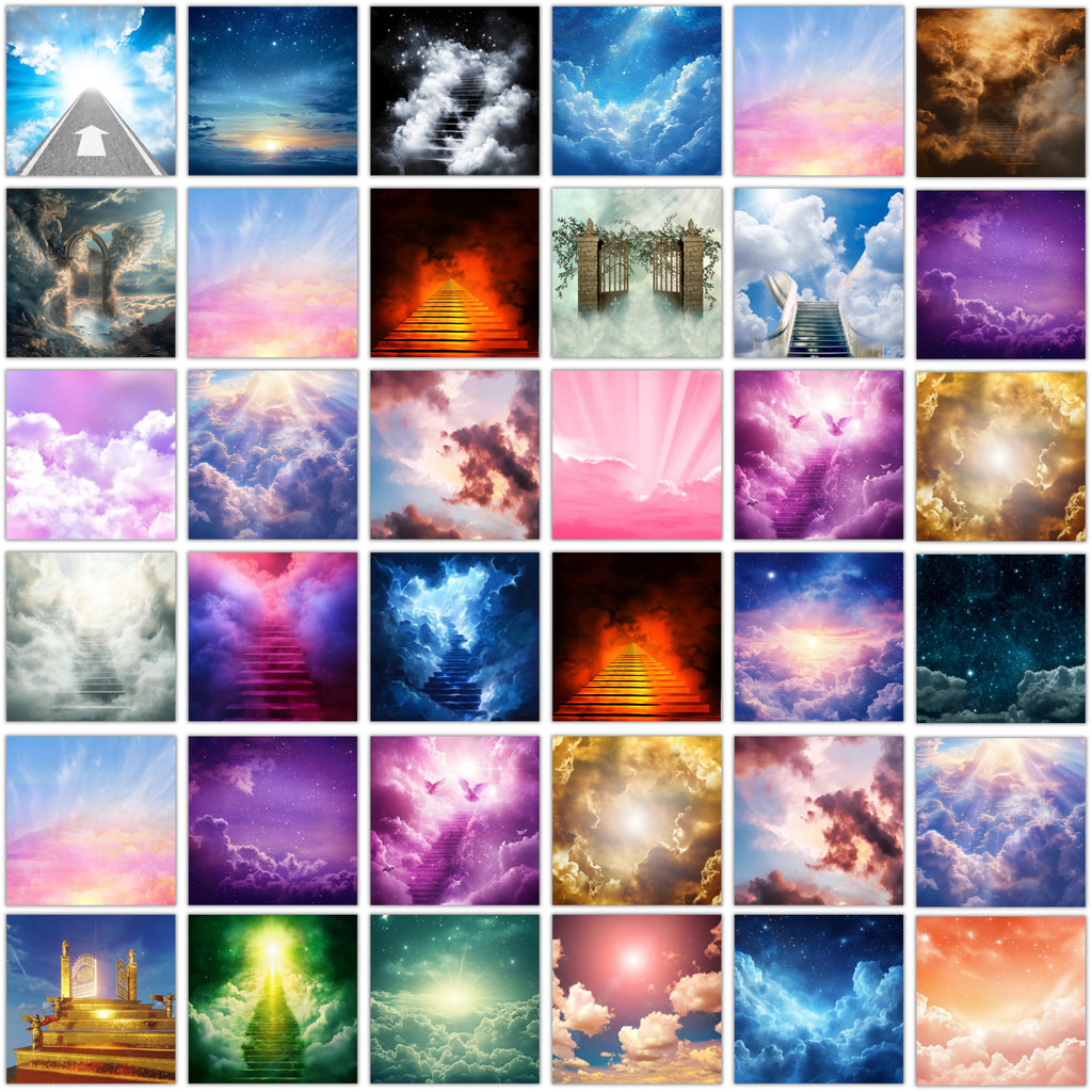 50 Memorial Heaven Backgrounds Png Bundle, Memorial Backgrounds, In Loving Memory Backgrounds, Heaven Stair Steps & Gate, Rest In Peace - Editable Memorial Canva Template