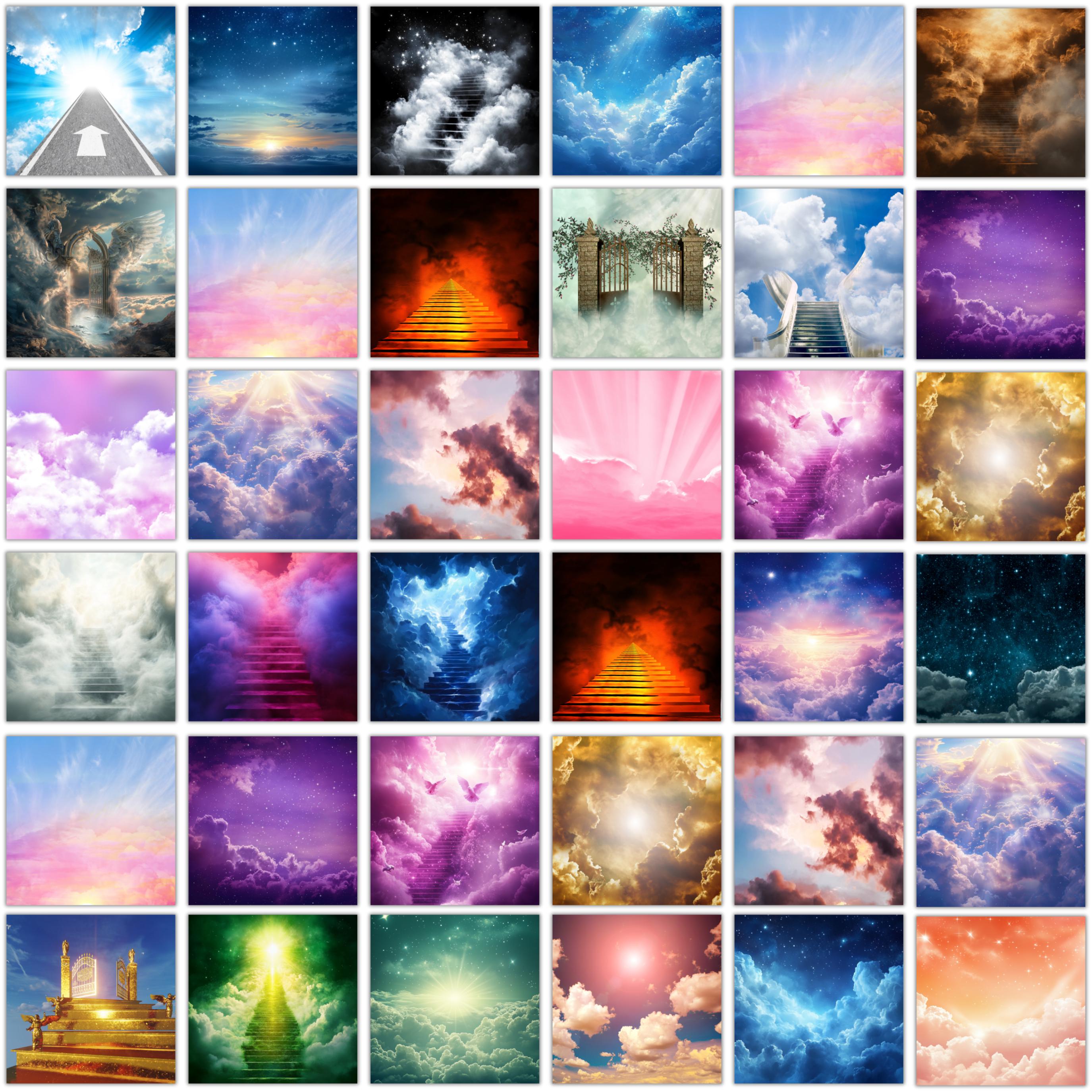 50 Memorial Heaven Backgrounds Png Bundle, Memorial Backgrounds, In Loving Memory Backgrounds, Heaven Stair Steps & Gate, Rest In Peace - Editable Memorial Canva Template