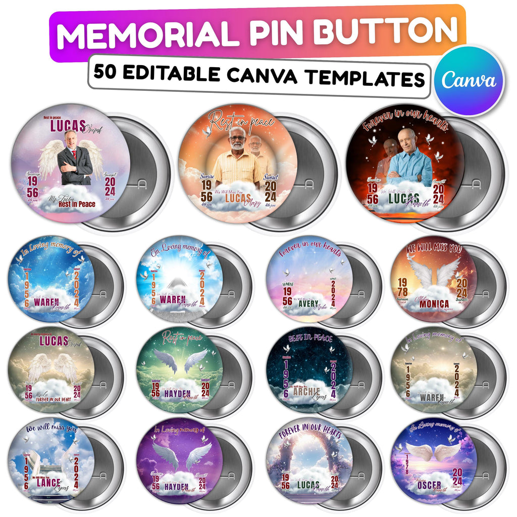 50 Rest in Peace Pin Button Canva Editable Templates, Memorial Pin Button Canva Designs, In Loving Memory Pin Button, Digital Download - Editable Memorial Canva Template