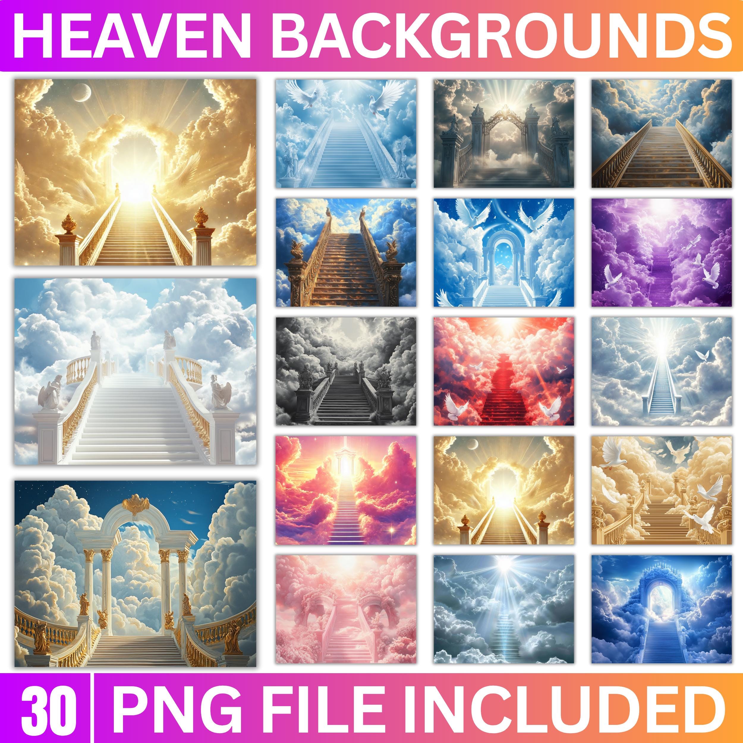 30 Memorial Heaven Backgrounds Png Bundle, Memorial Backgrounds, In Loving Memory Backgrounds, Heaven Stair Steps & Gate, Rest In Peace - Editable Memorial Canva Template