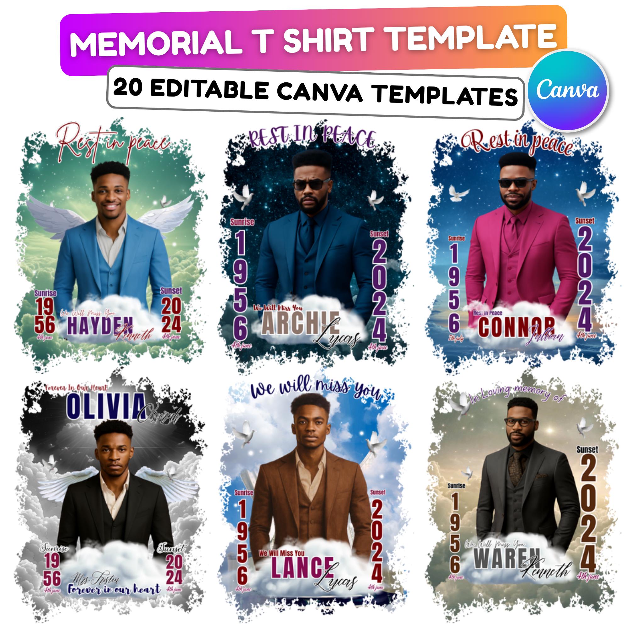 10 Rest In Peace Memorial T Shirt Editable Templates, In Loving Memory Templates, Memorial Canva Template, We Will Miss You Canva Designs - Editable Memorial Canva Template