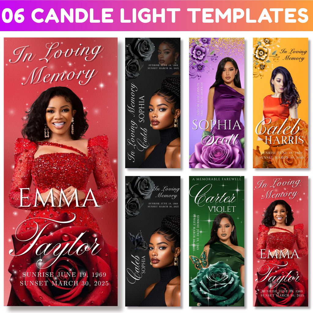 06 Cylinder Candle Label Memorial Tamplate, Tall Cylinder Candle Wraps, Editable Canva Memorial Stickers, Funeral Labels Digital Download - Editable Memorial Canva Template