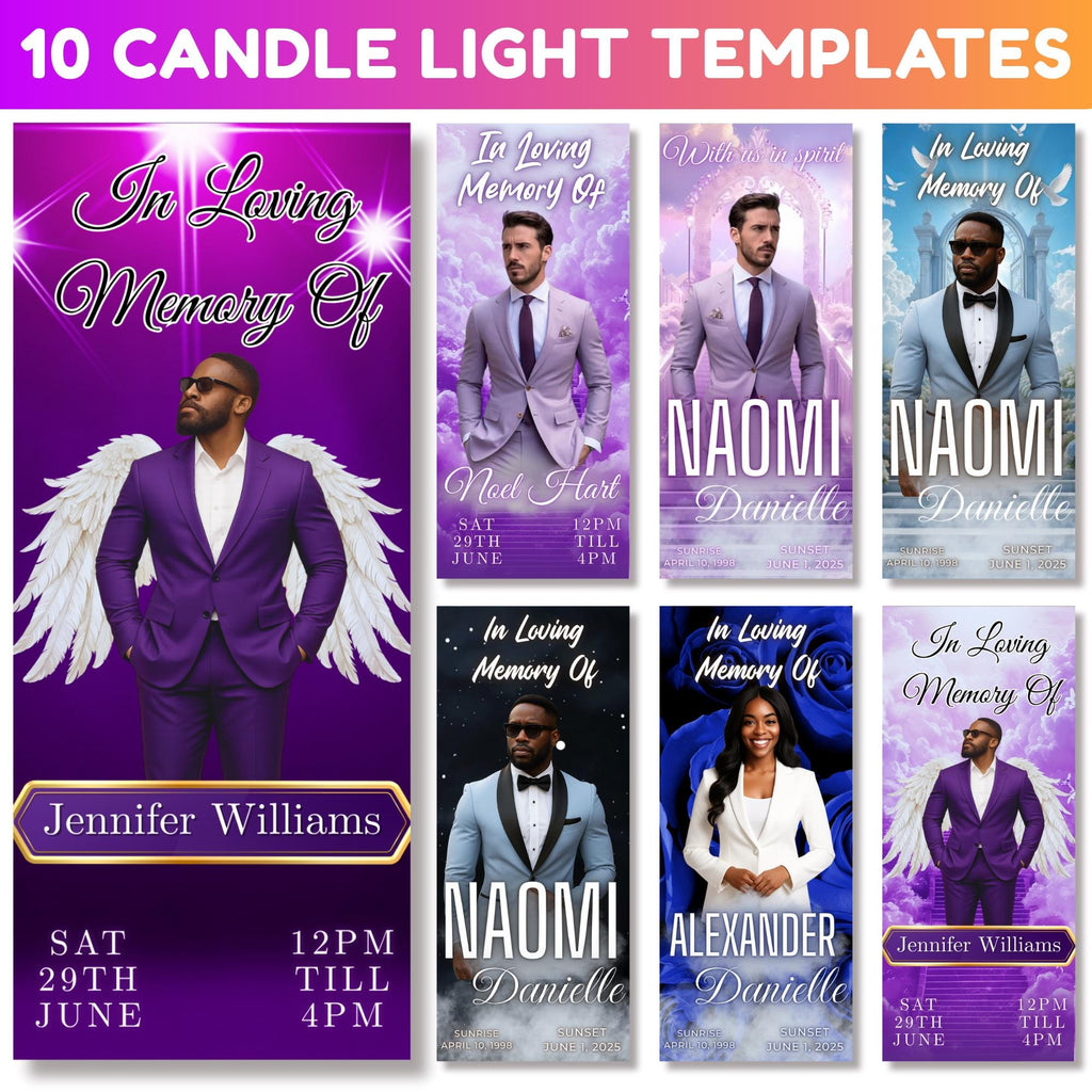 10 Cylinder Candle Light Label Memorial Tamplate,Tall Cylinder Candle Wraps,Editable Canva Memorial Stickers,Funeral Labels Digital Download - Editable Memorial Canva Template