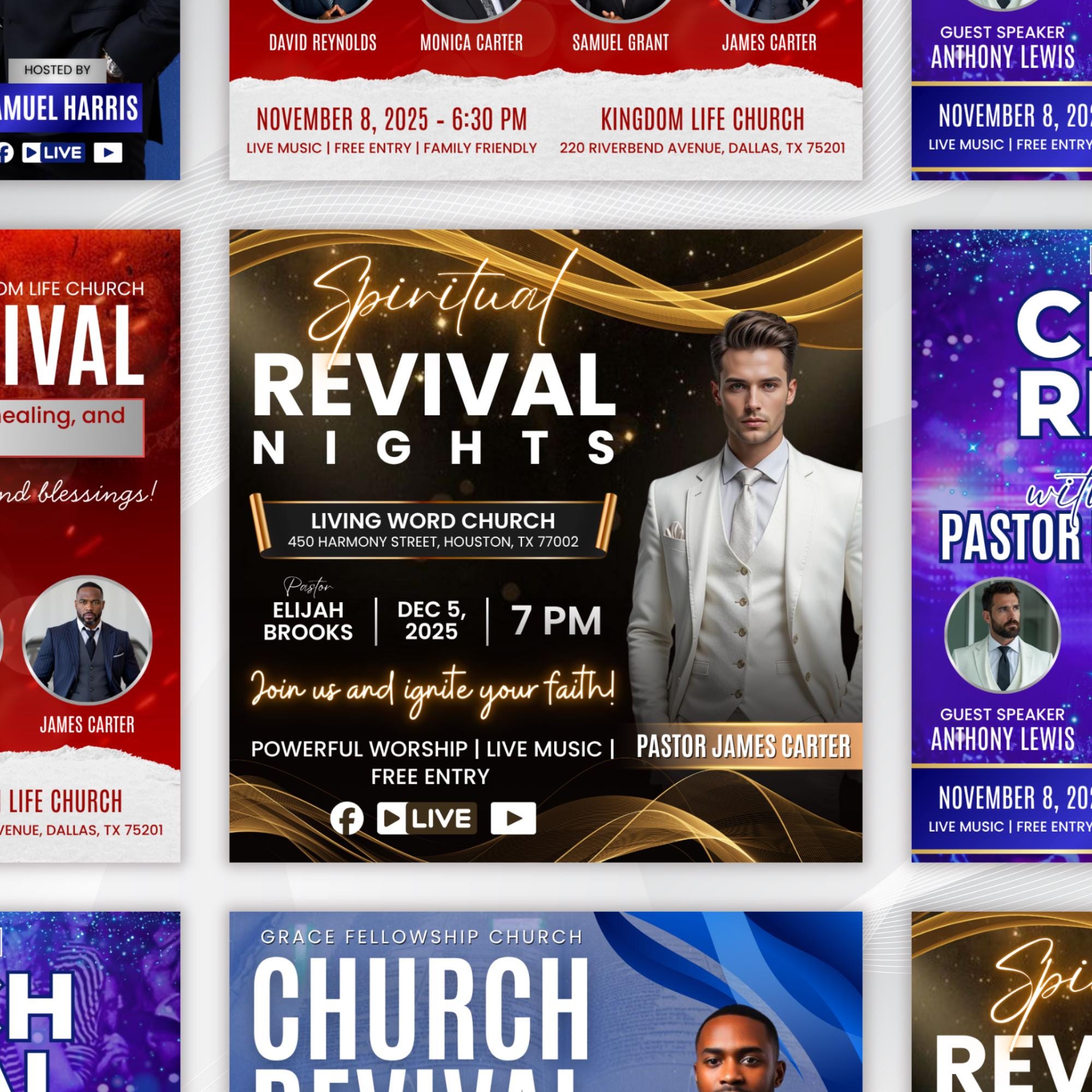 Church Revival Flyer Canva Editable Templates, Canva Church Template, church anniversary, Religious Event Flyer, Praise and Worship - Editable Memorial Canva Template