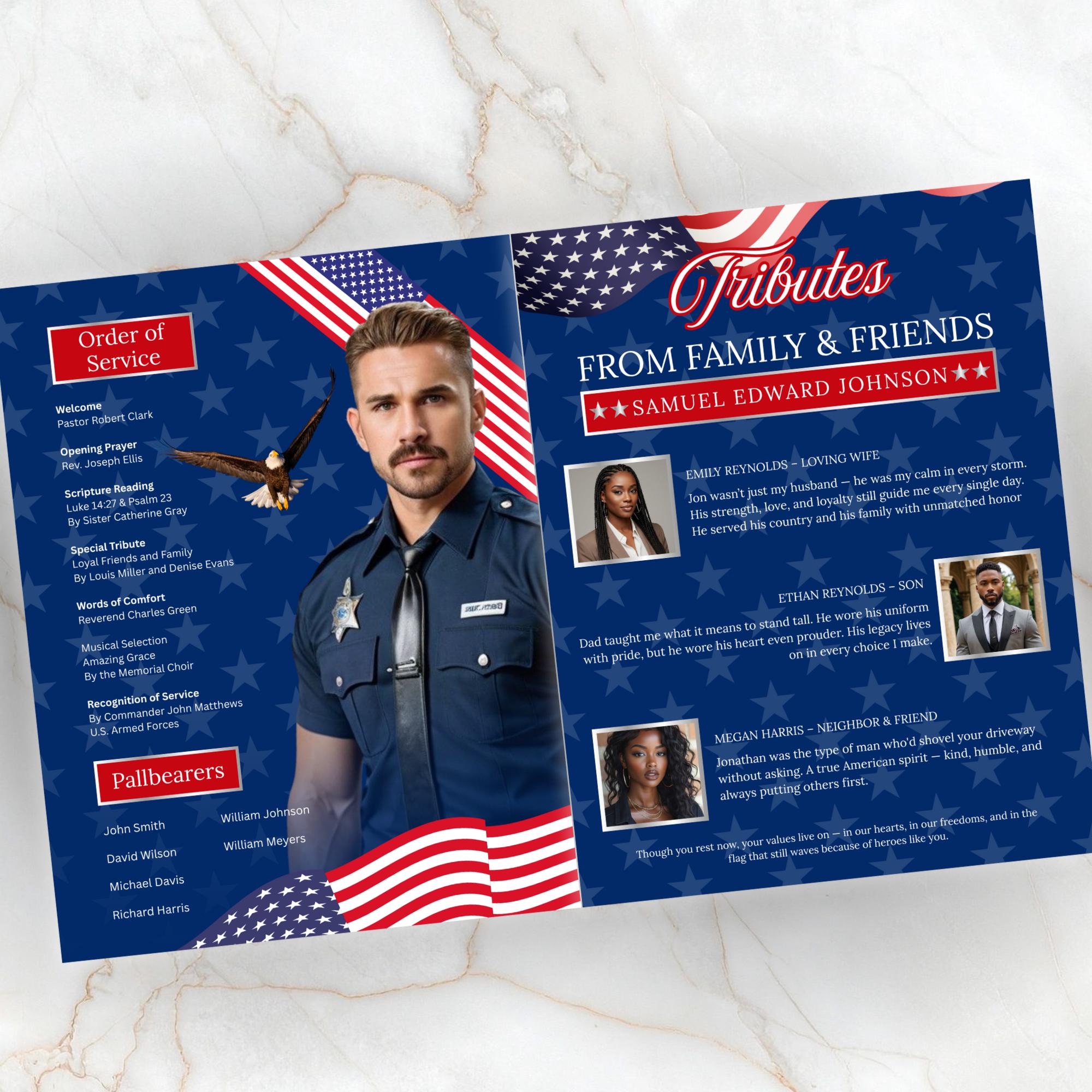 08 Pages Military Funeral Program Template, Bi-Fold Funeral Program, Obituary Celebration Of Life Program, Digital Download - Editable Memorial Canva Template