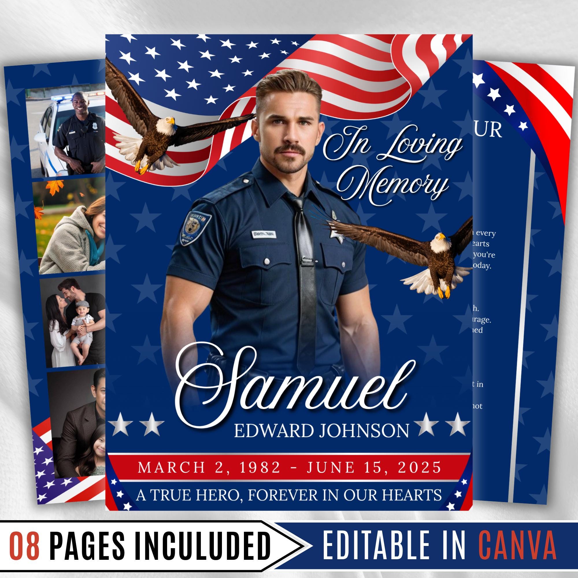 08 Pages Military Funeral Program Template, Bi-Fold Funeral Program, Obituary Celebration Of Life Program, Digital Download - Editable Memorial Canva Template