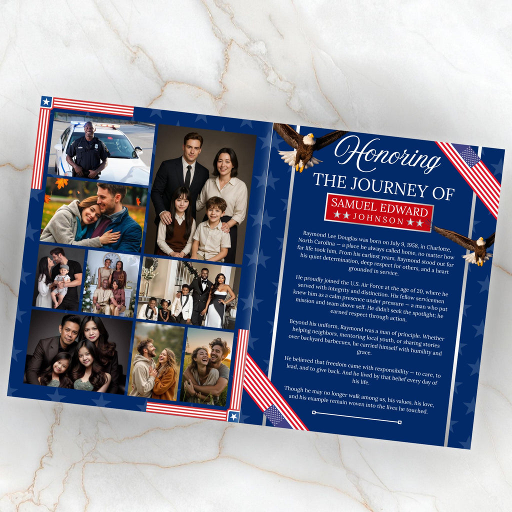 08 Pages Military Funeral Program Template, Bi-Fold Funeral Program, Obituary Celebration Of Life Program, Digital Download - Editable Memorial Canva Template