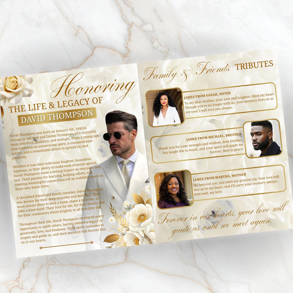 08 Pages White Funeral Program Template, Bi-Fold Funeral Program, Obituary Celebration Of Life Program, Digital Download - Editable Memorial Canva Template
