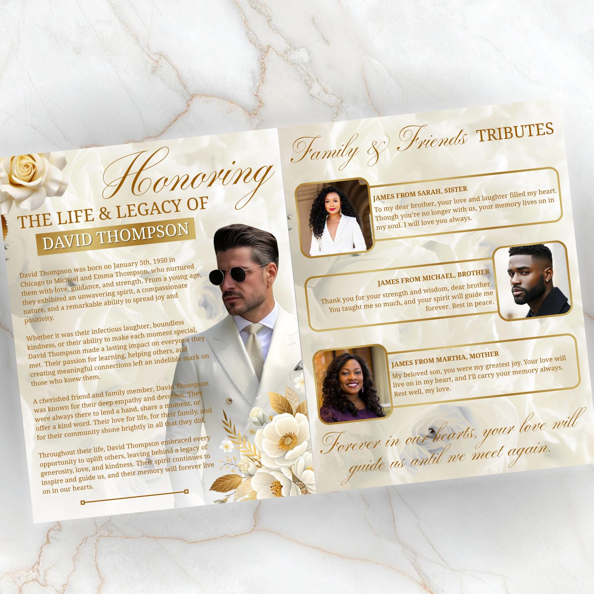 08 Pages White Funeral Program Template, Bi-Fold Funeral Program, Obituary Celebration Of Life Program, Digital Download - Editable Memorial Canva Template