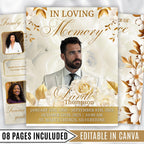 08 Pages White Funeral Program Template, Bi-Fold Funeral Program, Obituary Celebration Of Life Program, Digital Download - Editable Memorial Canva Template