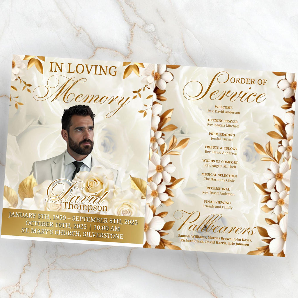 08 Pages White Funeral Program Template, Bi-Fold Funeral Program, Obituary Celebration Of Life Program, Digital Download - Editable Memorial Canva Template