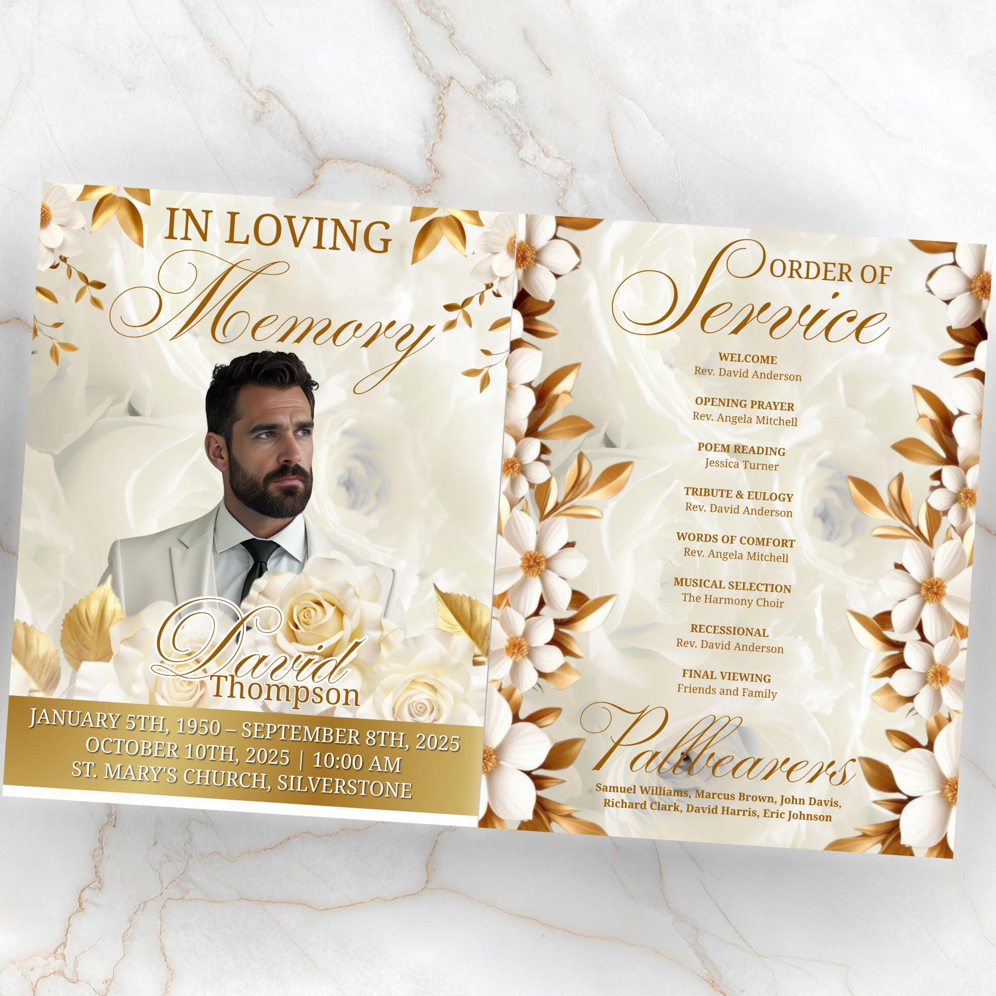 08 Pages White Funeral Program Template, Bi-Fold Funeral Program, Obituary Celebration Of Life Program, Digital Download - Editable Memorial Canva Template
