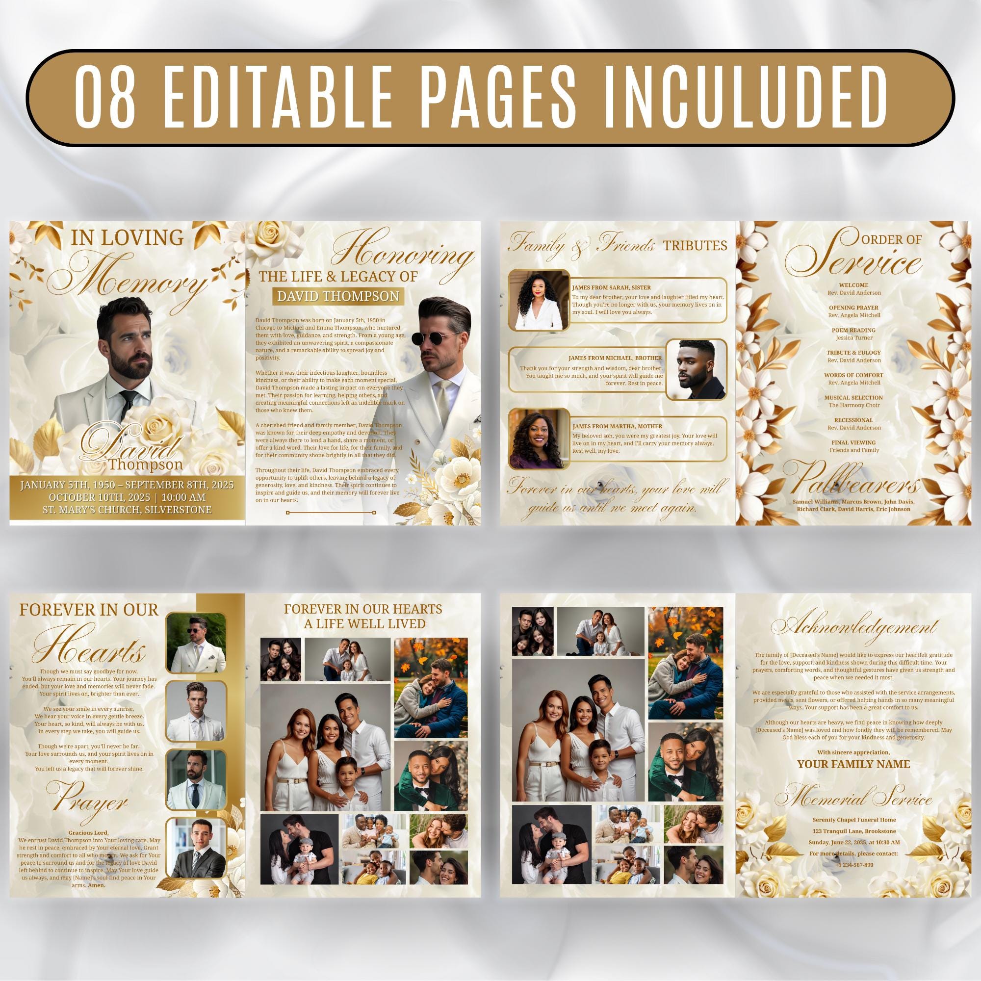 08 Pages White Funeral Program Template, Bi-Fold Funeral Program, Obituary Celebration Of Life Program, Digital Download - Editable Memorial Canva Template