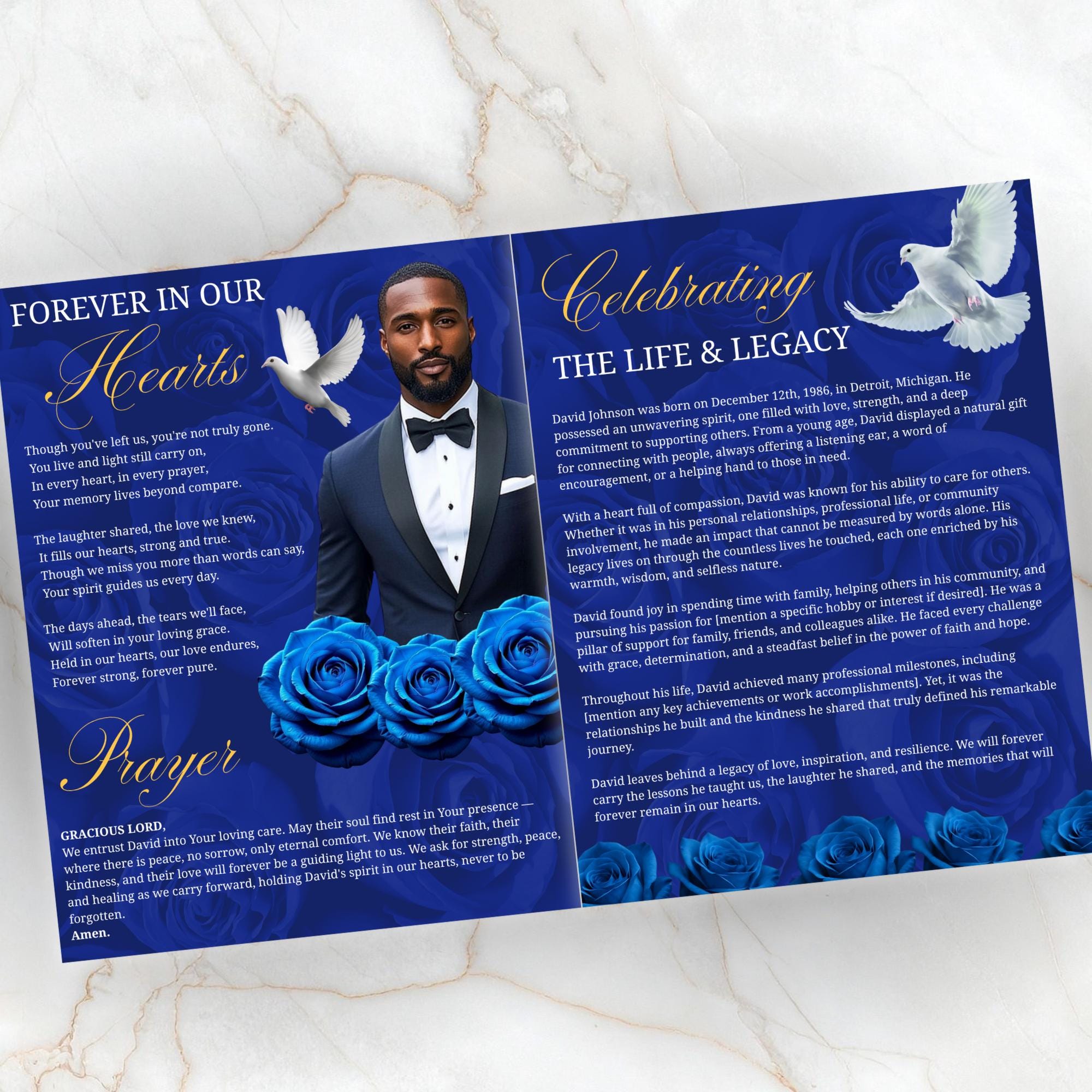 08 Pages Blue Funeral Program Template, Bi-Fold Funeral Program, Obituary Celebration Of Life Program, Digital Download - Editable Memorial Canva Template