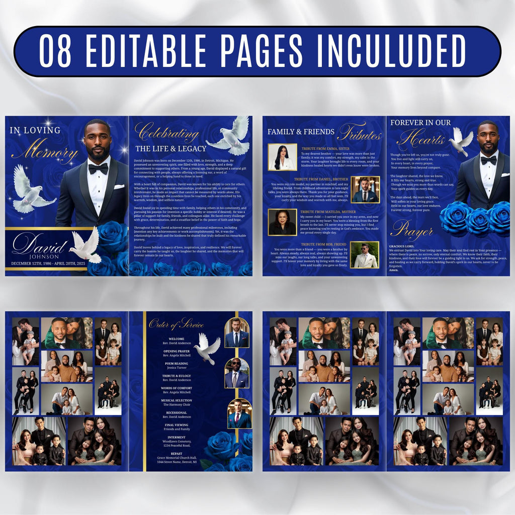 08 Pages Blue Funeral Program Template, Bi-Fold Funeral Program, Obituary Celebration Of Life Program, Digital Download - Editable Memorial Canva Template