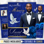 08 Pages Blue Funeral Program Template, Bi-Fold Funeral Program, Obituary Celebration Of Life Program, Digital Download - Editable Memorial Canva Template