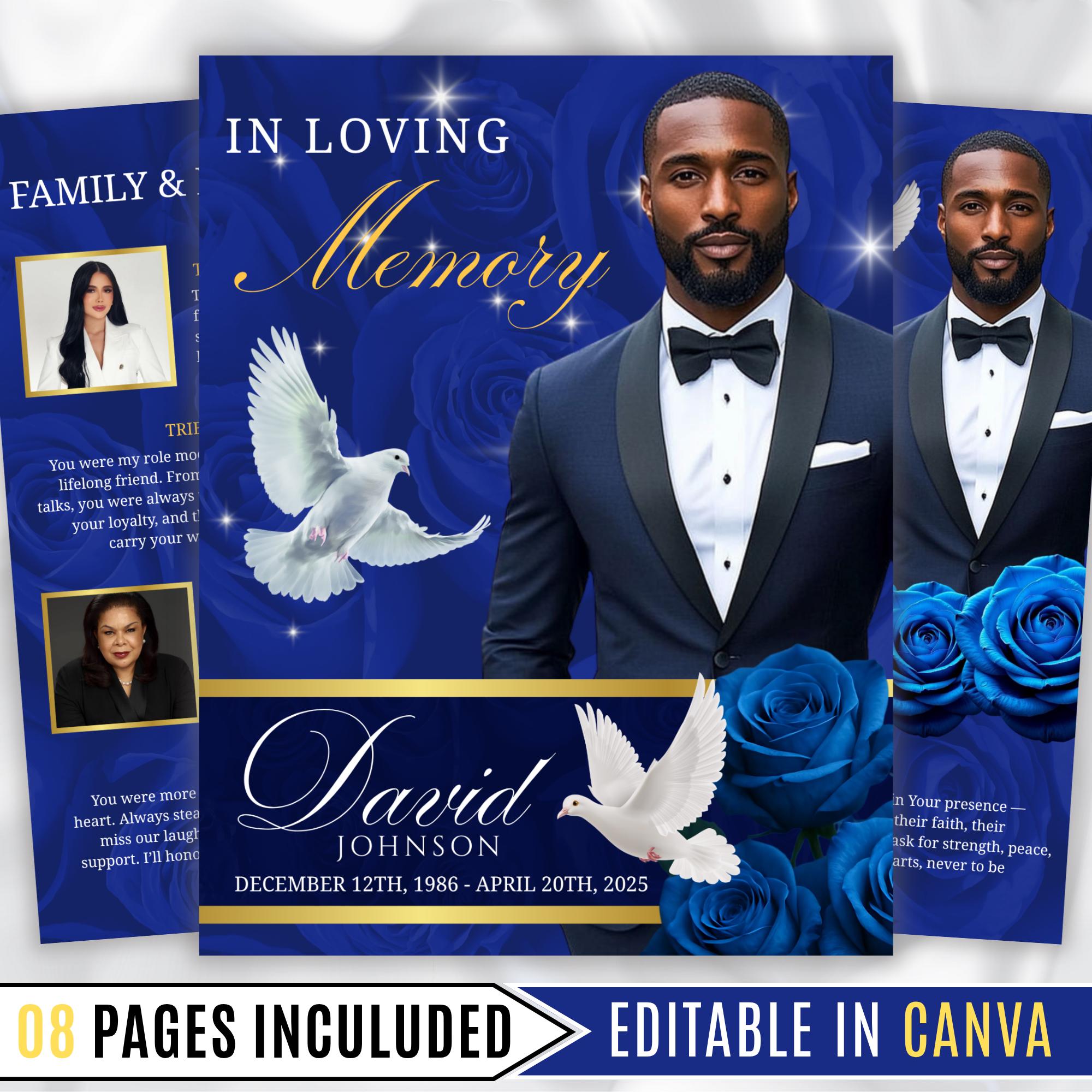08 Pages Blue Funeral Program Template, Bi-Fold Funeral Program, Obituary Celebration Of Life Program, Digital Download - Editable Memorial Canva Template