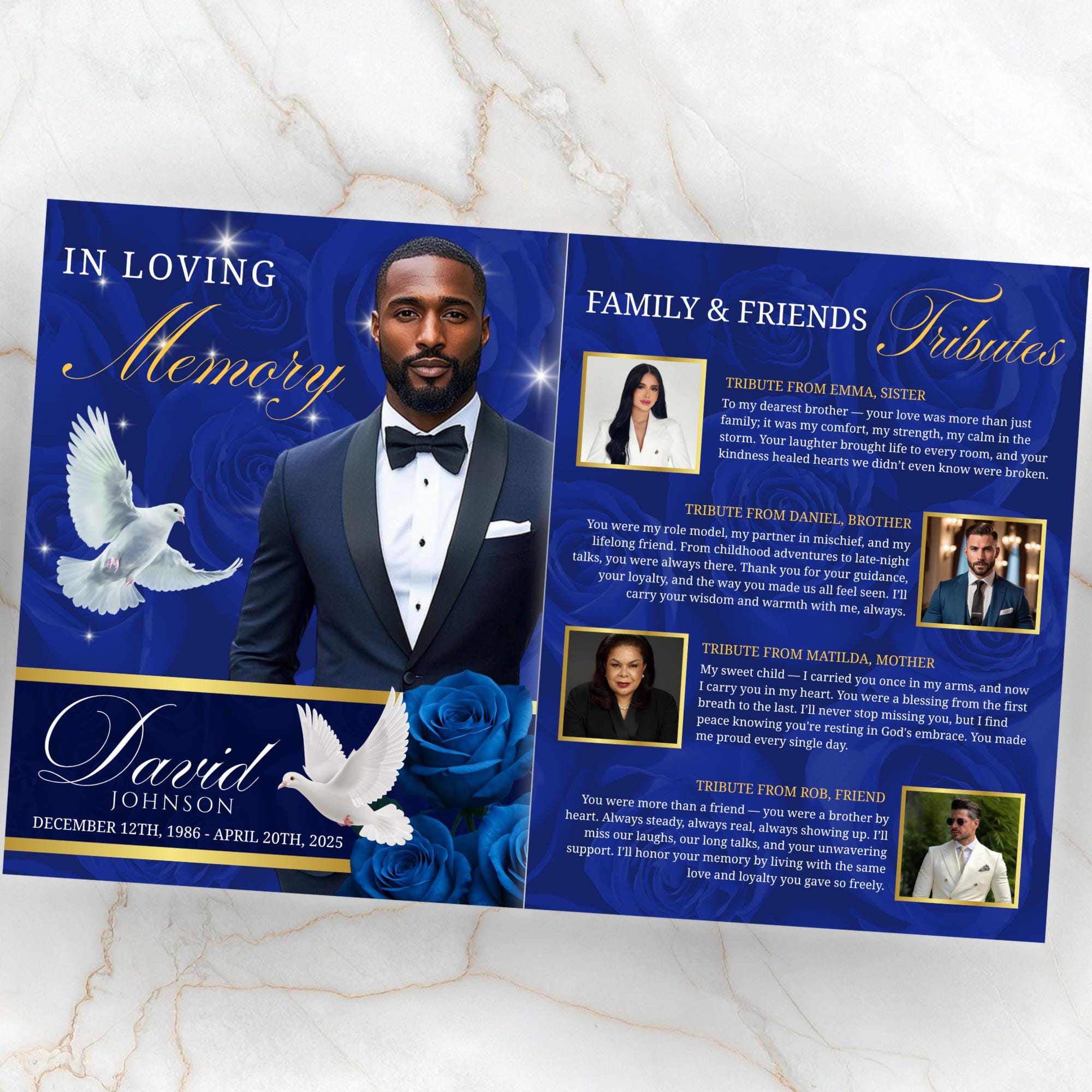 08 Pages Blue Funeral Program Template, Bi-Fold Funeral Program, Obituary Celebration Of Life Program, Digital Download - Editable Memorial Canva Template