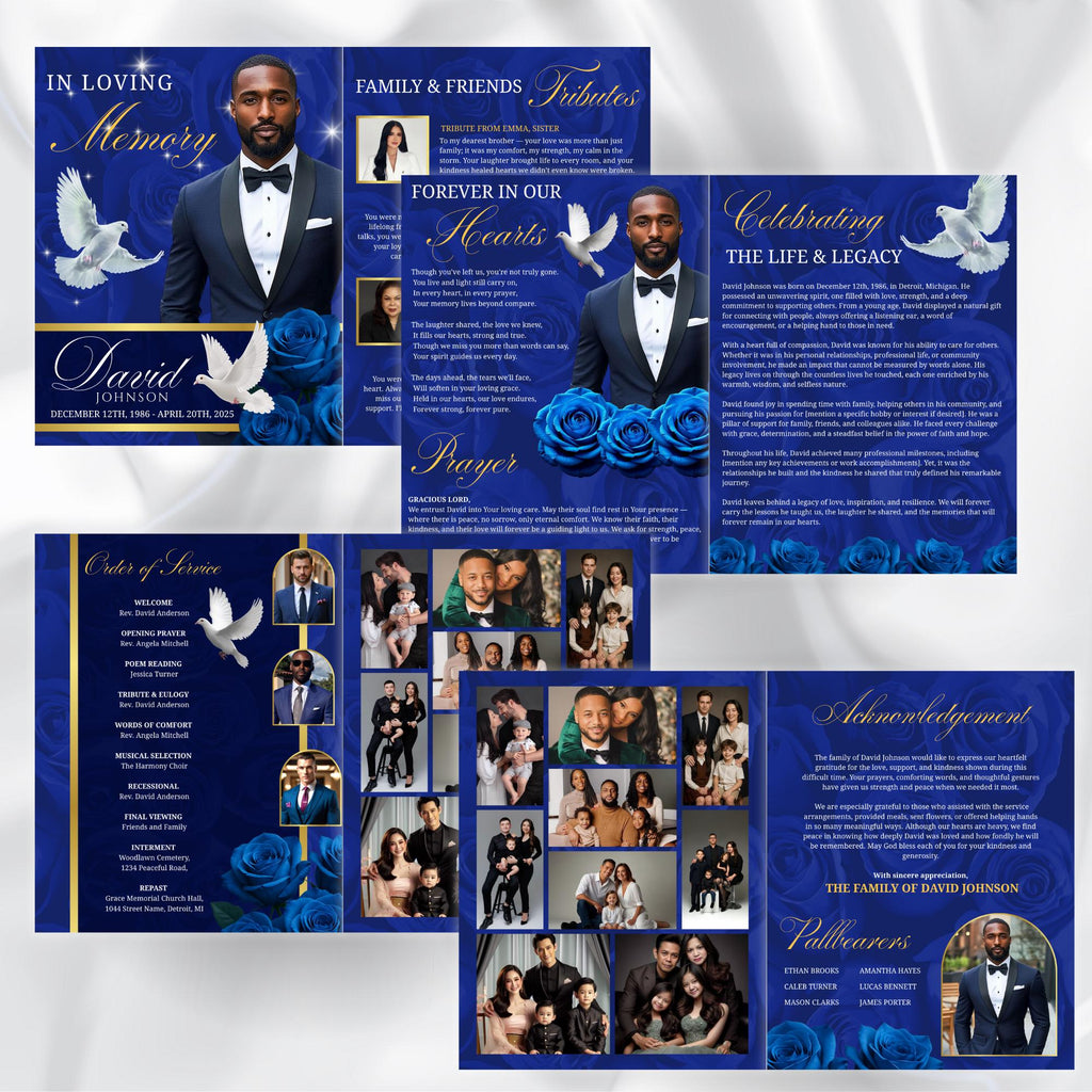 08 Pages Blue Funeral Program Template, Bi-Fold Funeral Program, Obituary Celebration Of Life Program, Digital Download - Editable Memorial Canva Template