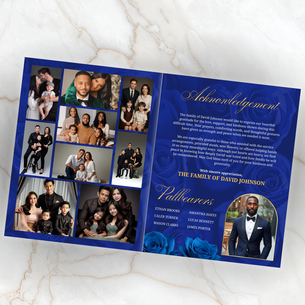 08 Pages Blue Funeral Program Template, Bi-Fold Funeral Program, Obituary Celebration Of Life Program, Digital Download - Editable Memorial Canva Template