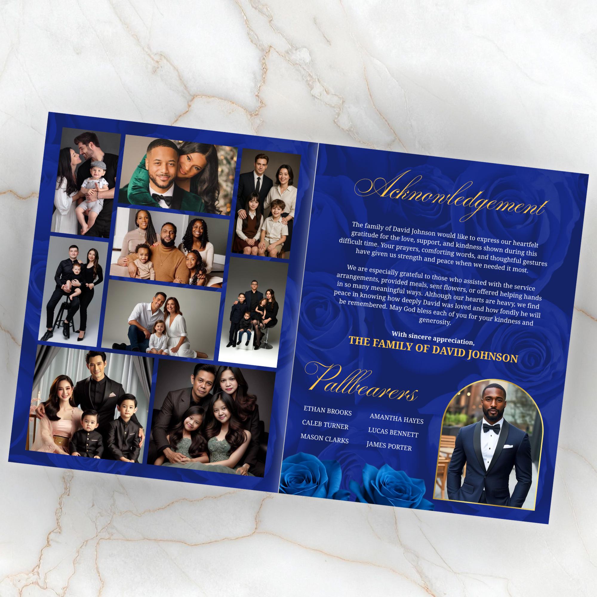 08 Pages Blue Funeral Program Template, Bi-Fold Funeral Program, Obituary Celebration Of Life Program, Digital Download - Editable Memorial Canva Template