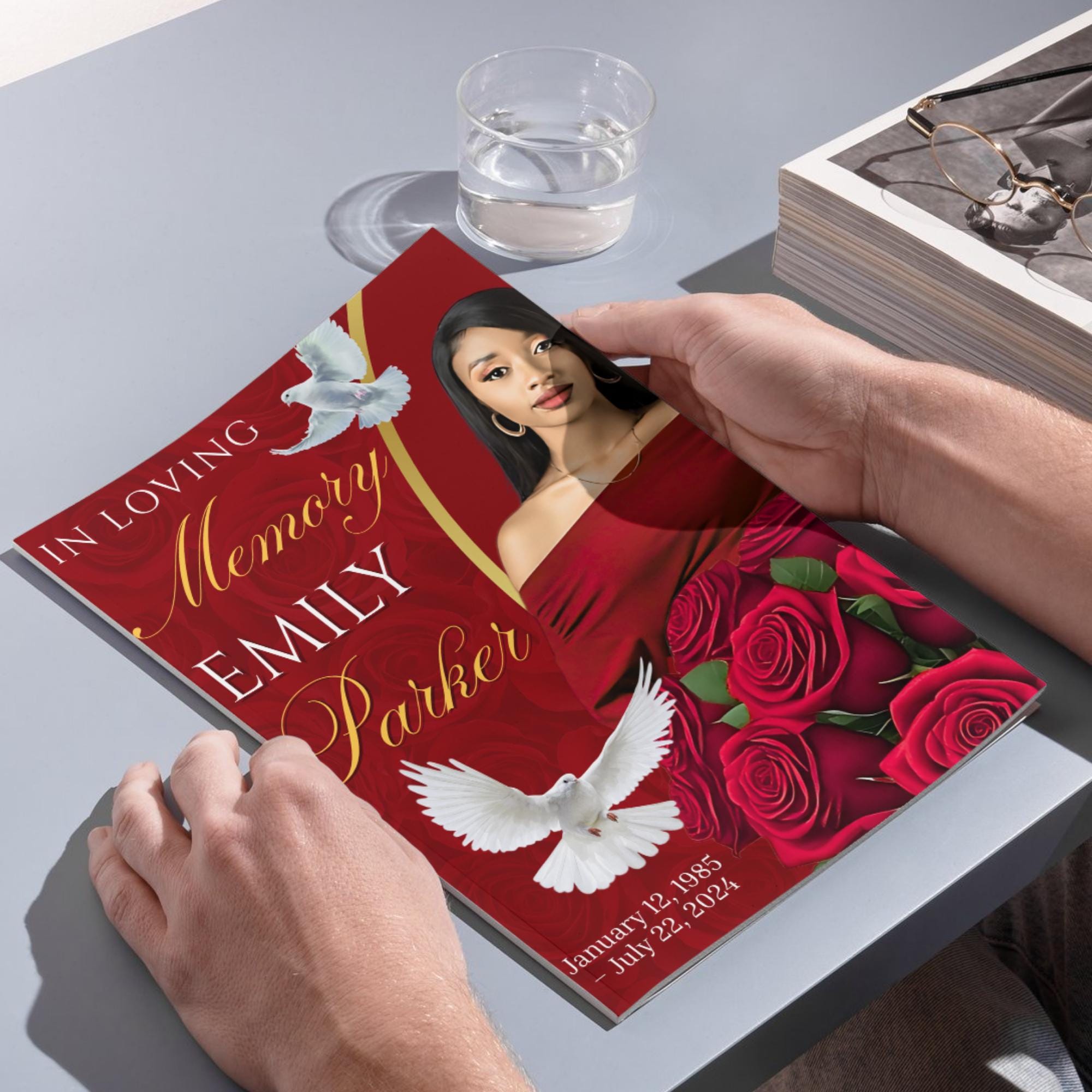 08 Pages Red Funeral Program Template, Bi-Fold Funeral Program, Obituary Celebration Of Life Program, Digital Download - Editable Memorial Canva Template
