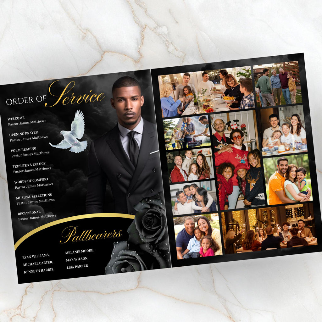 08 Pages Black Funeral Program Template, Bi-Fold Funeral Program, Obituary Celebration Of Life Program, Digital Download - Editable Memorial Canva Template