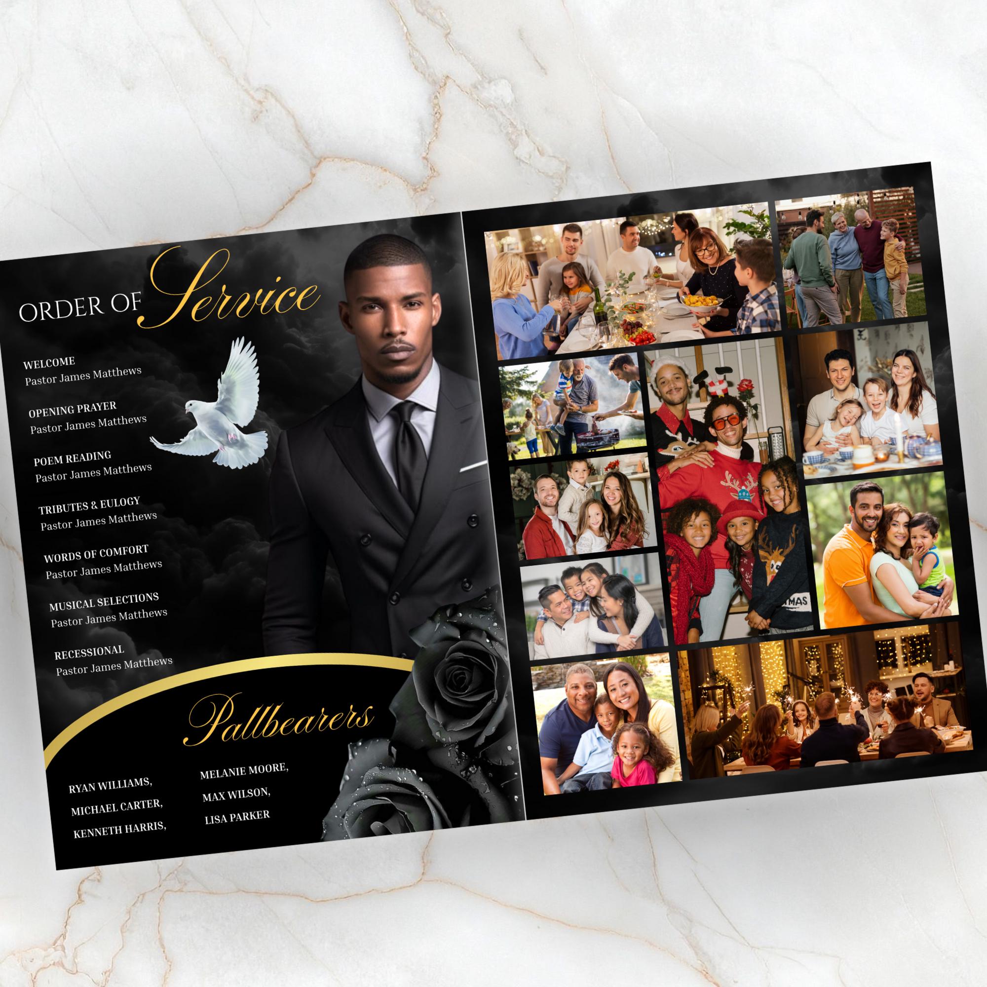08 Pages Black Funeral Program Template, Bi-Fold Funeral Program, Obituary Celebration Of Life Program, Digital Download - Editable Memorial Canva Template