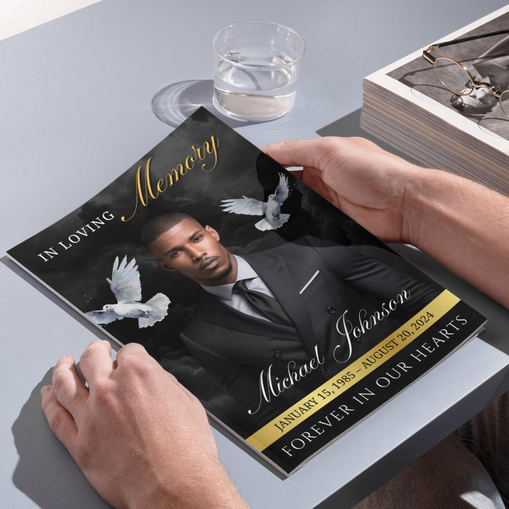08 Pages Black Funeral Program Template, Bi-Fold Funeral Program, Obituary Celebration Of Life Program, Digital Download - Editable Memorial Canva Template