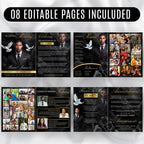08 Pages Black Funeral Program Template, Bi-Fold Funeral Program, Obituary Celebration Of Life Program, Digital Download - Editable Memorial Canva Template