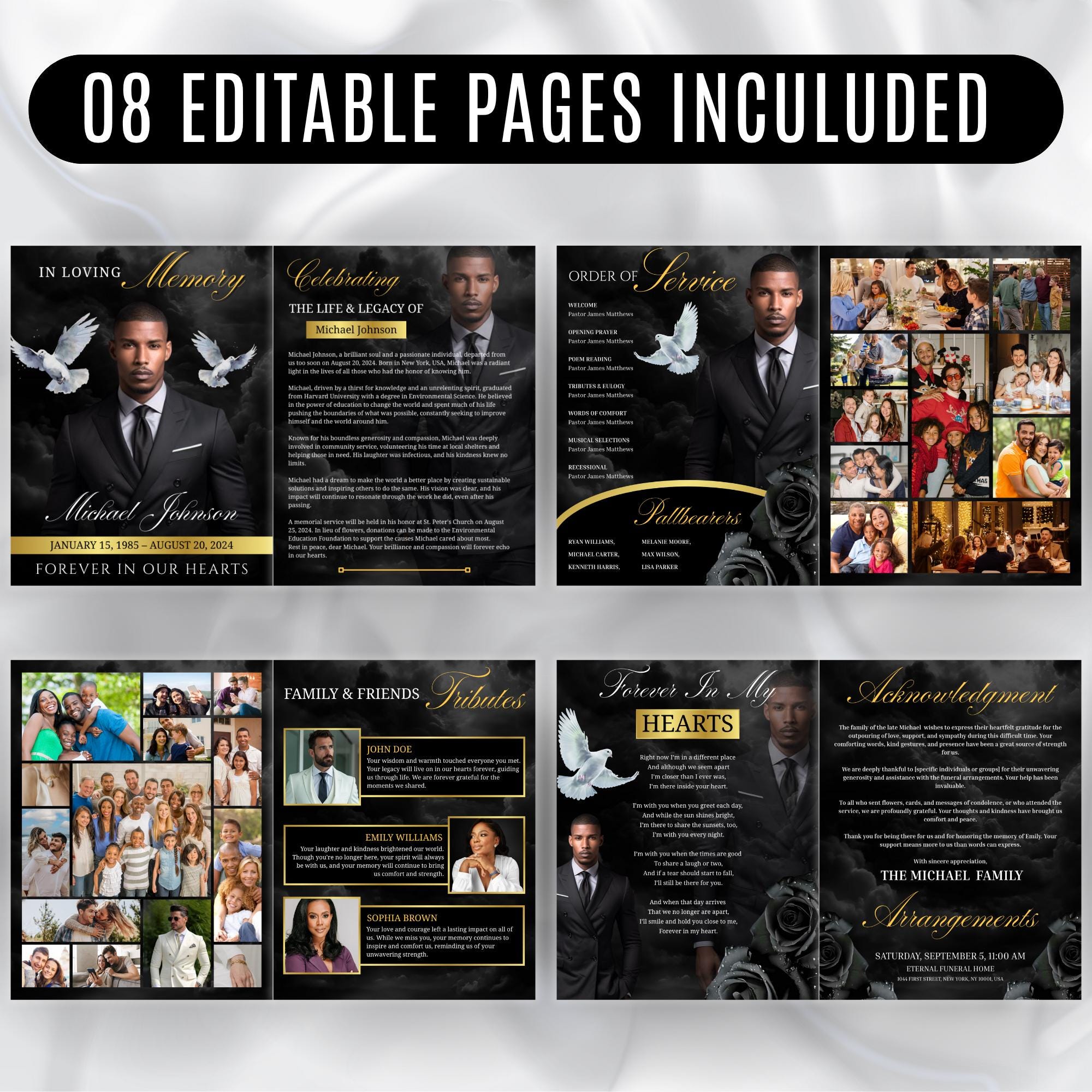 08 Pages Black Funeral Program Template, Bi-Fold Funeral Program, Obituary Celebration Of Life Program, Digital Download - Editable Memorial Canva Template