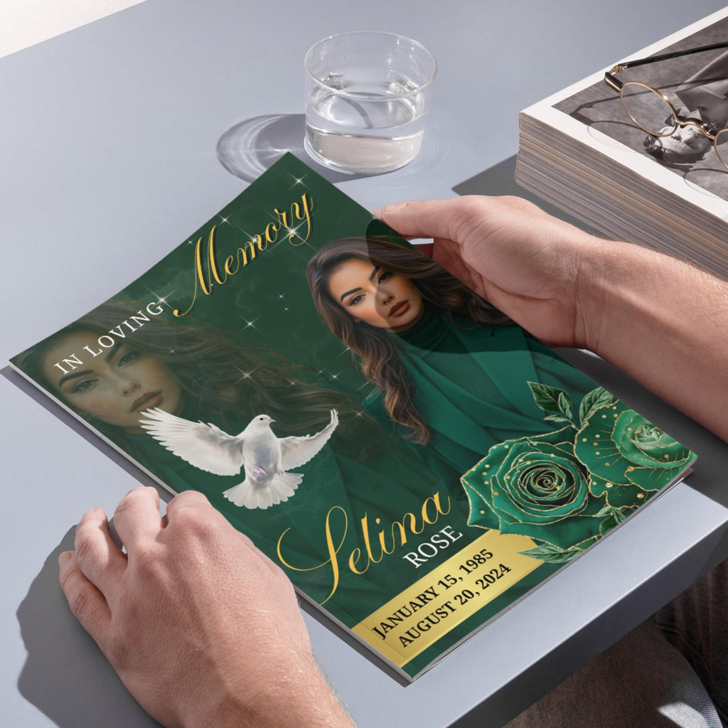 08 Pages Green Funeral Program Template, Bi-Fold Funeral Program, Obituary Celebration Of Life Program, Digital Download - Editable Memorial Canva Template