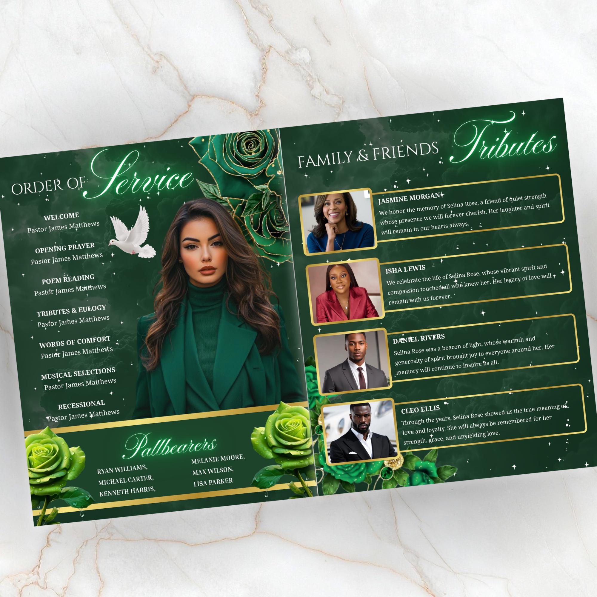 08 Pages Green Funeral Program Template, Bi-Fold Funeral Program, Obituary Celebration Of Life Program, Digital Download - Editable Memorial Canva Template