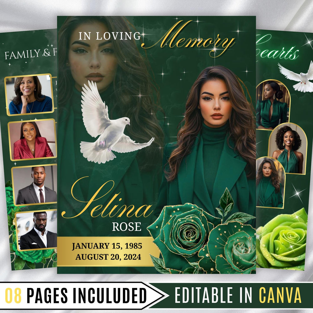 08 Pages Green Funeral Program Template, Bi-Fold Funeral Program, Obituary Celebration Of Life Program, Digital Download - Editable Memorial Canva Template